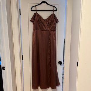 Azazie Satin Maxi Dress in Brown